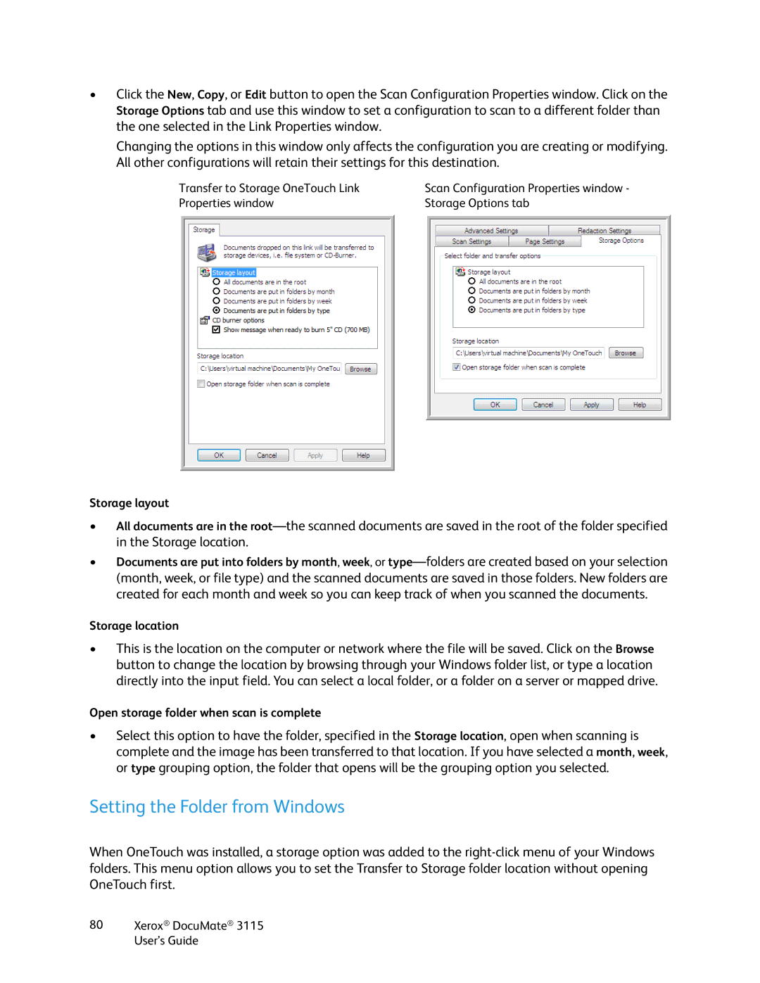 Xerox xerox documate 3115 manual Setting the Folder from Windows, Storage location 