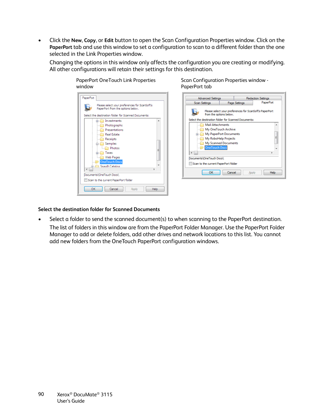 Xerox xerox documate 3115 manual Select the destination folder for Scanned Documents 