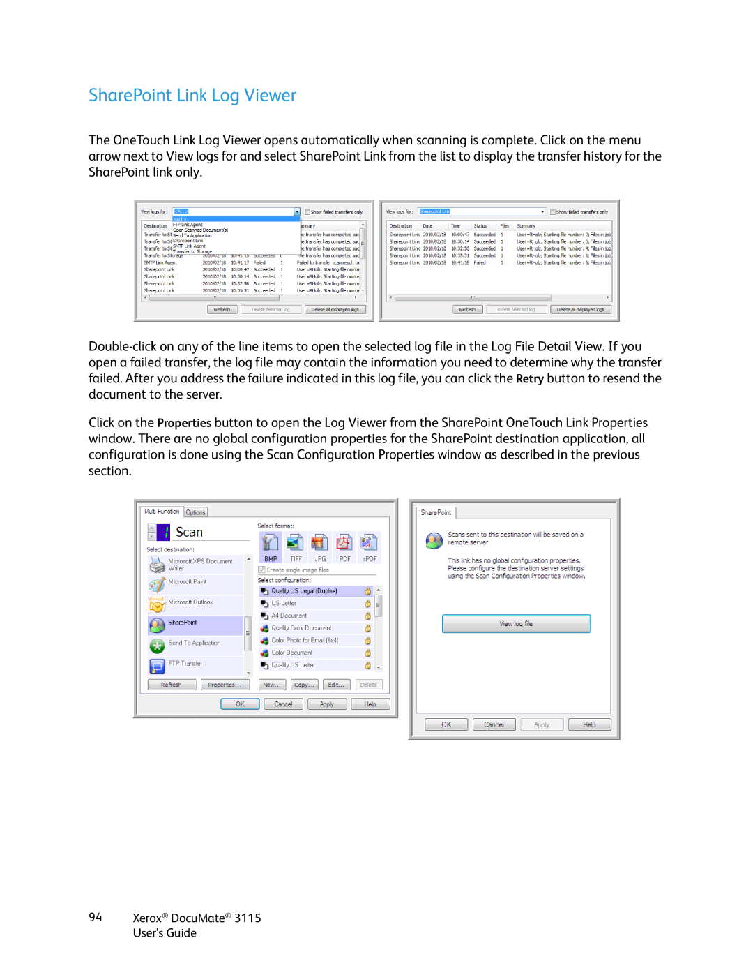 Xerox xerox documate 3115 manual SharePoint Link Log Viewer 