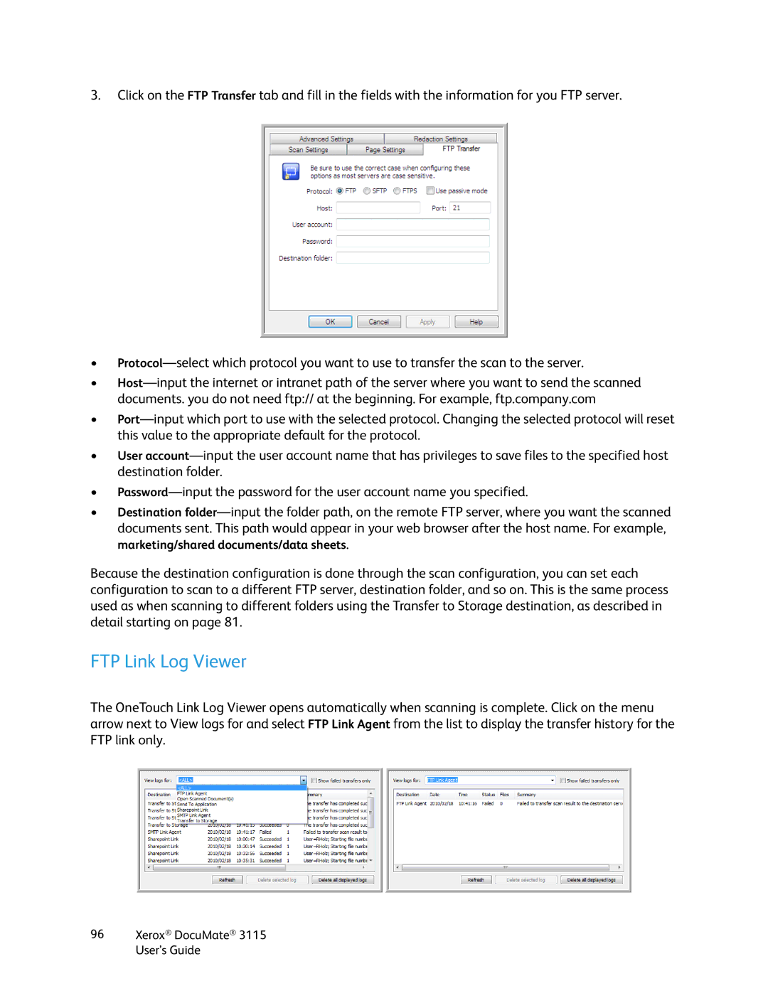 Xerox xerox documate 3115 manual FTP Link Log Viewer 