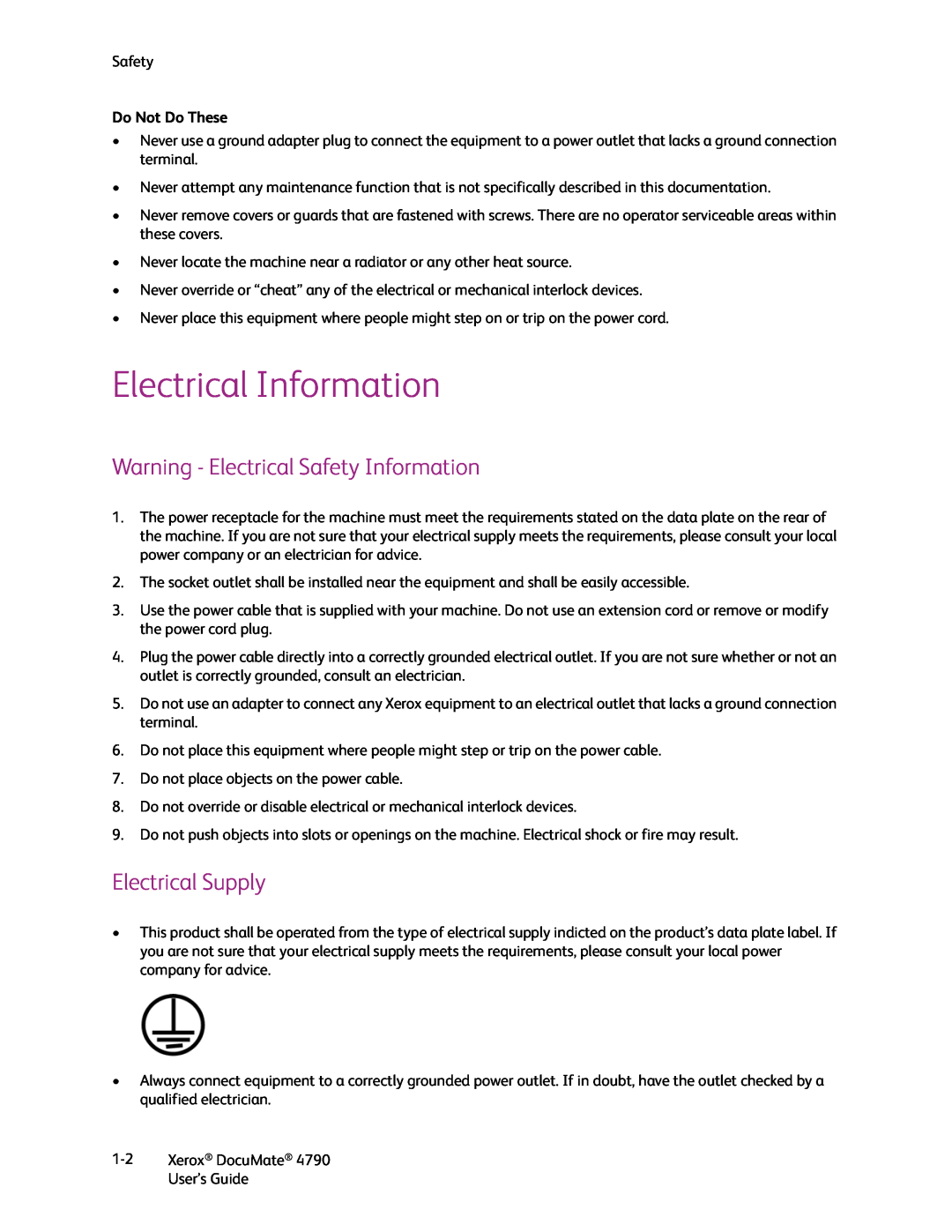 Xerox xerox documate Electrical Information, Warning - Electrical Safety Information, Electrical Supply, Do Not Do These 
