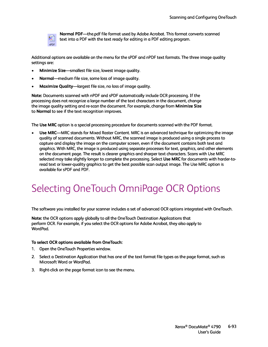 Xerox xerox documate manual Selecting OneTouch OmniPage OCR Options, To select OCR options available from OneTouch 