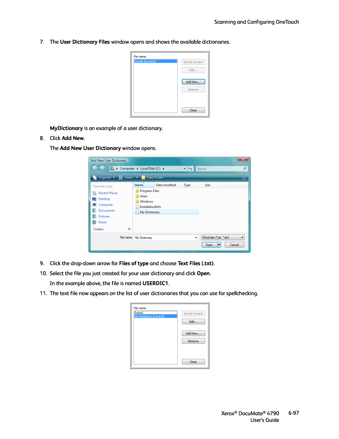 Xerox xerox documate manual The Add New User Dictionary window opens 