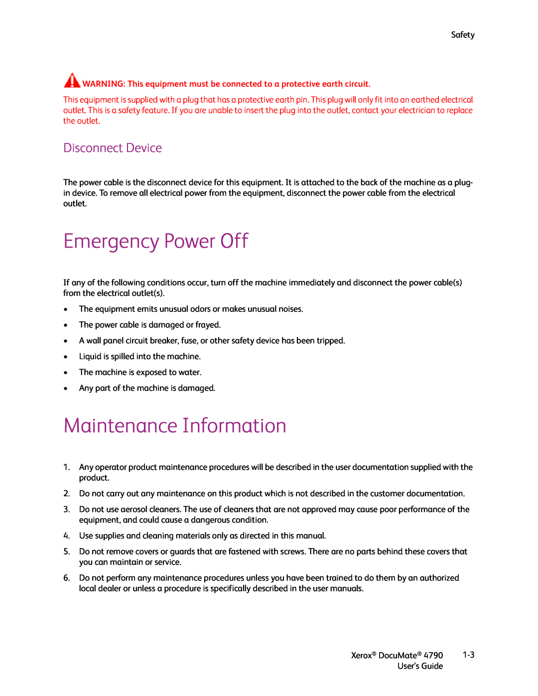 Xerox xerox documate manual Emergency Power Off, Maintenance Information, Disconnect Device 