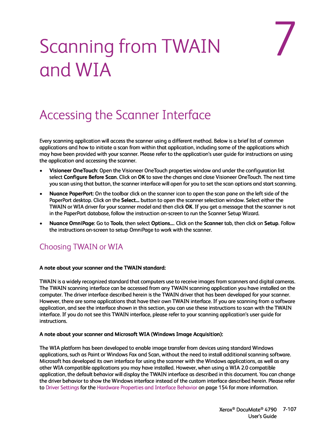 Xerox xerox documate manual Scanning from TWAIN, and WIA, Accessing the Scanner Interface, Choosing TWAIN or WIA 