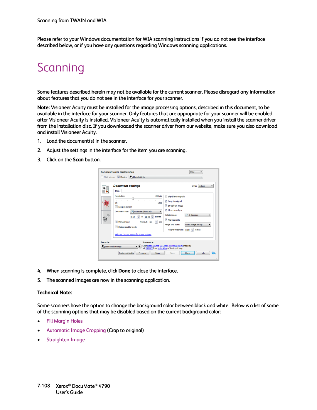 Xerox xerox documate manual Scanning, Fill Margin Holes Automatic Image Cropping Crop to original, Straighten Image 