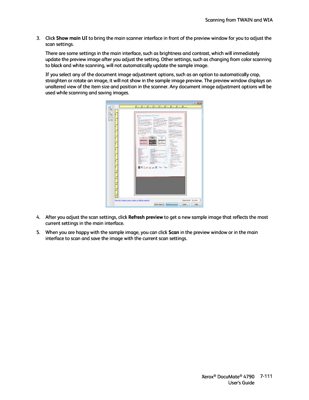Xerox xerox documate manual Scanning from TWAIN and WIA, Xerox DocuMate, 7-111, User’s Guide 