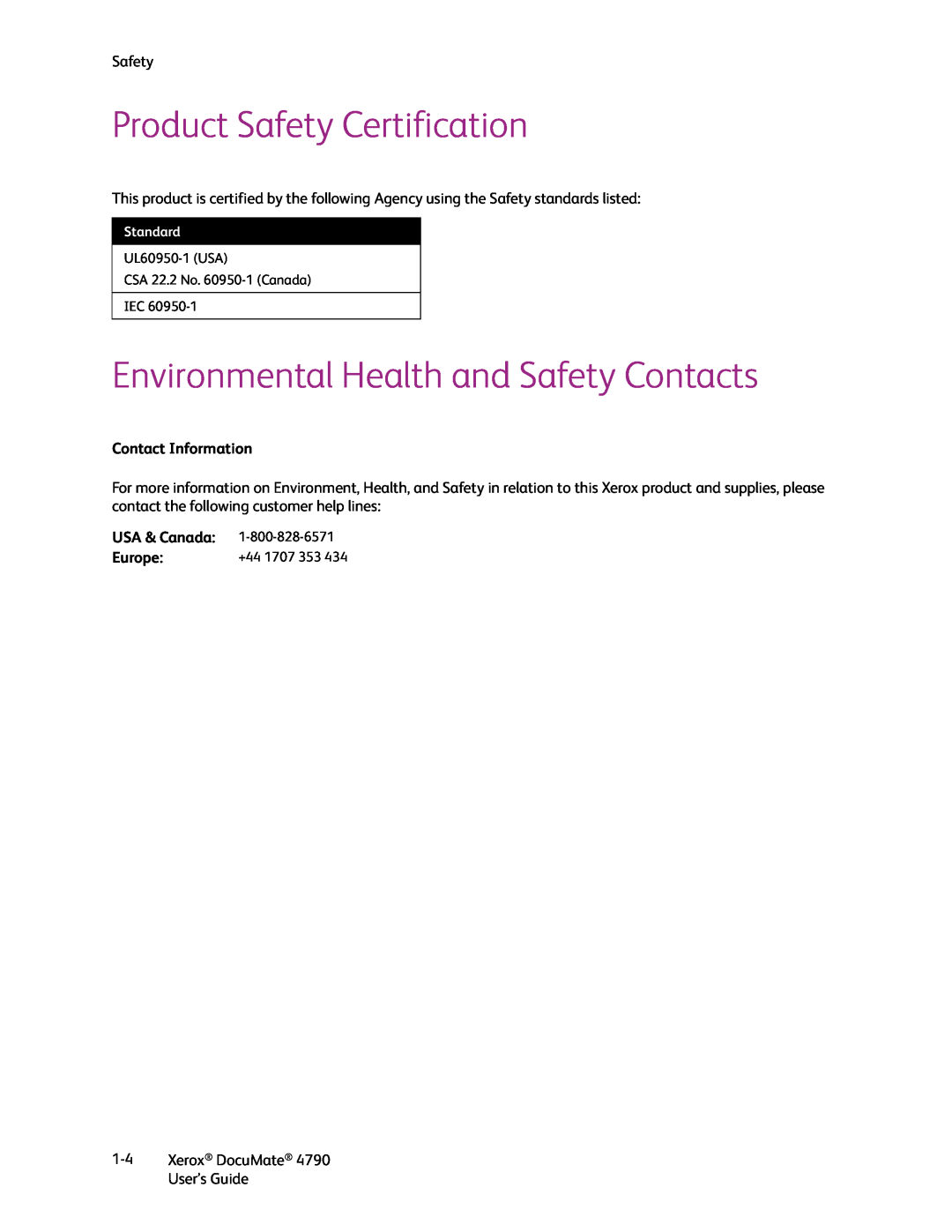Xerox xerox documate Product Safety Certification, Environmental Health and Safety Contacts, Contact Information, Europe 