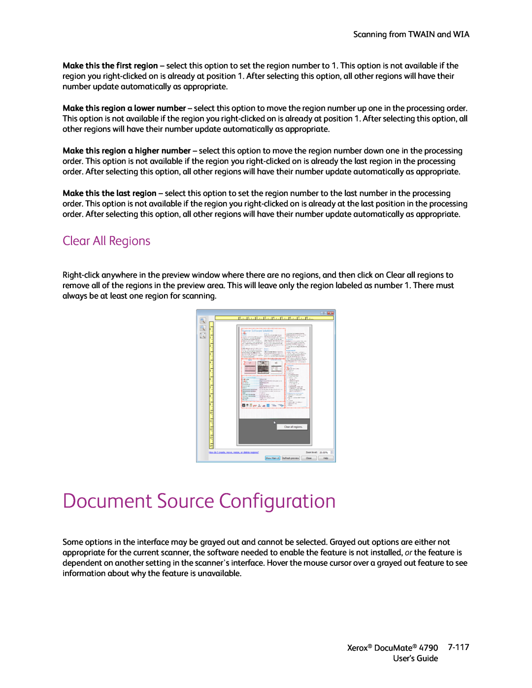 Xerox xerox documate manual Document Source Configuration, Clear All Regions 