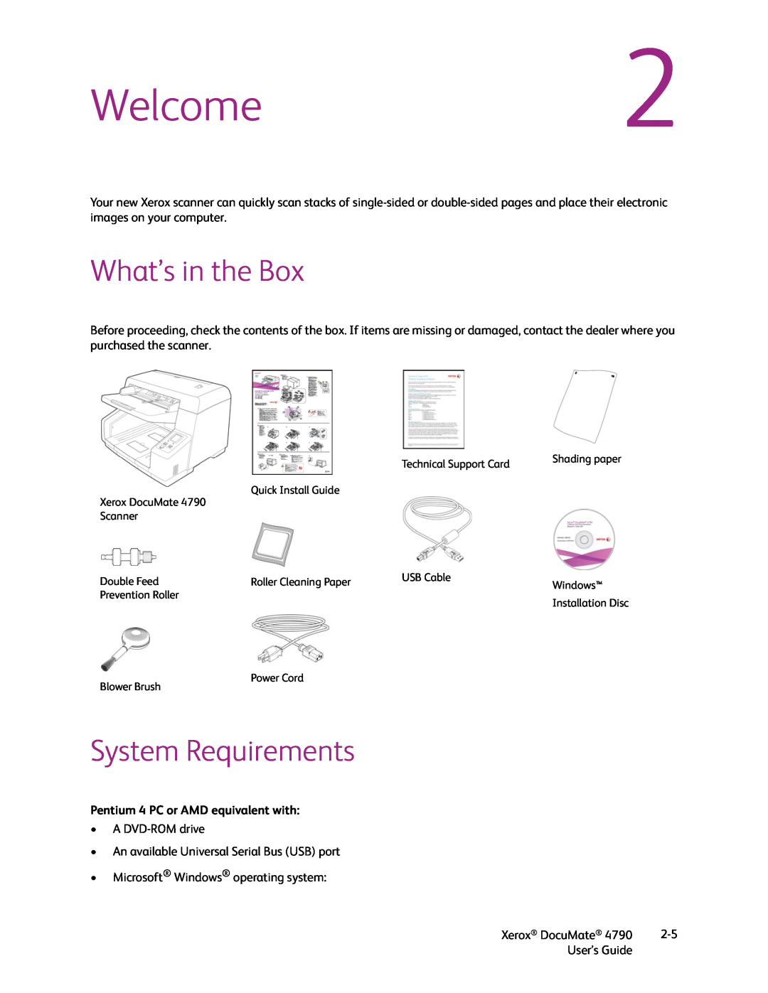 Xerox xerox documate manual Welcome2, What’s in the Box, System Requirements, Pentium 4 PC or AMD equivalent with 