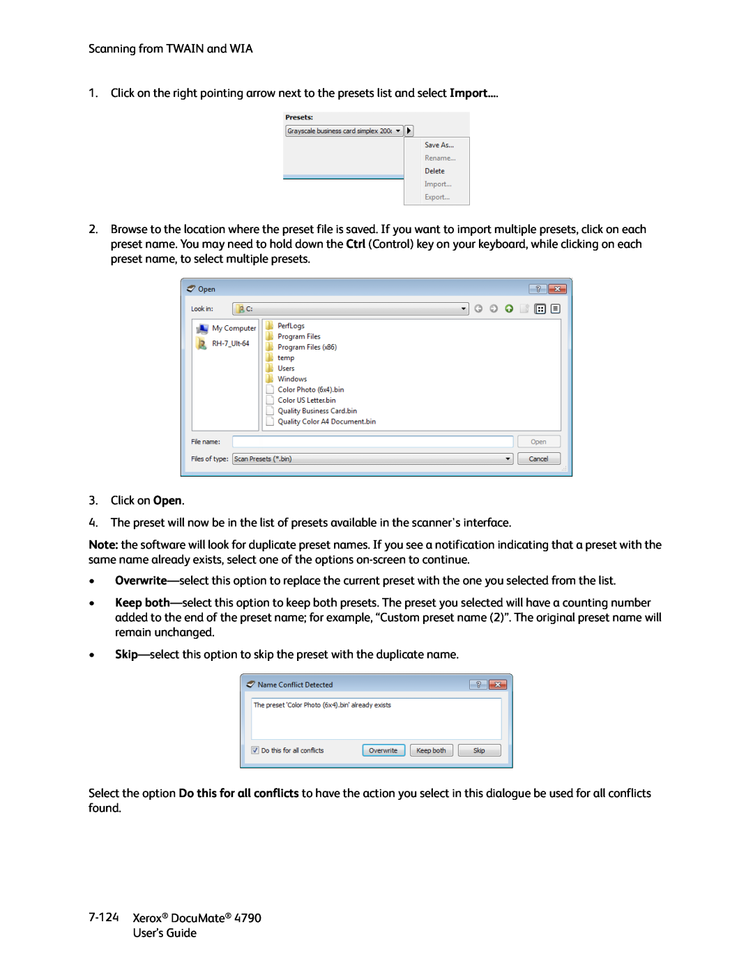 Xerox xerox documate manual Scanning from TWAIN and WIA, Click on Open, Xerox DocuMate 4790 User’s Guide 