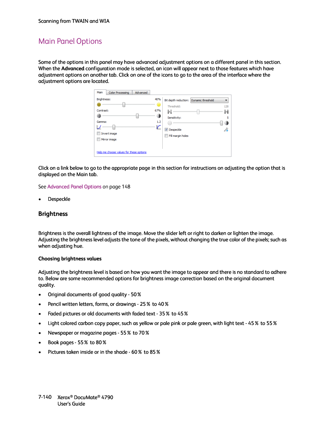 Xerox xerox documate manual Brightness, Choosing brightness values, Main Panel Options, See Advanced Panel Options on page 