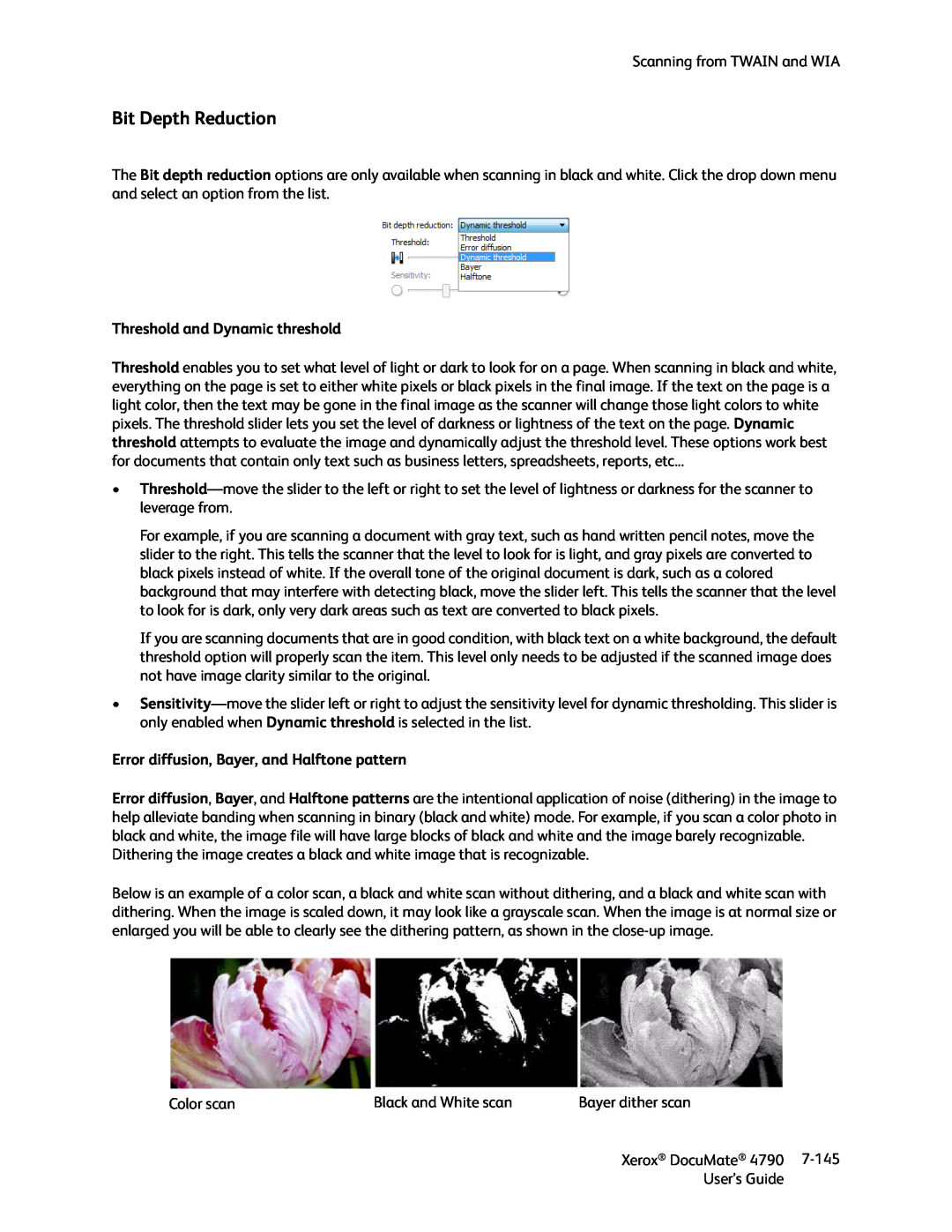 Xerox xerox documate Bit Depth Reduction, Threshold and Dynamic threshold, Error diffusion, Bayer, and Halftone pattern 