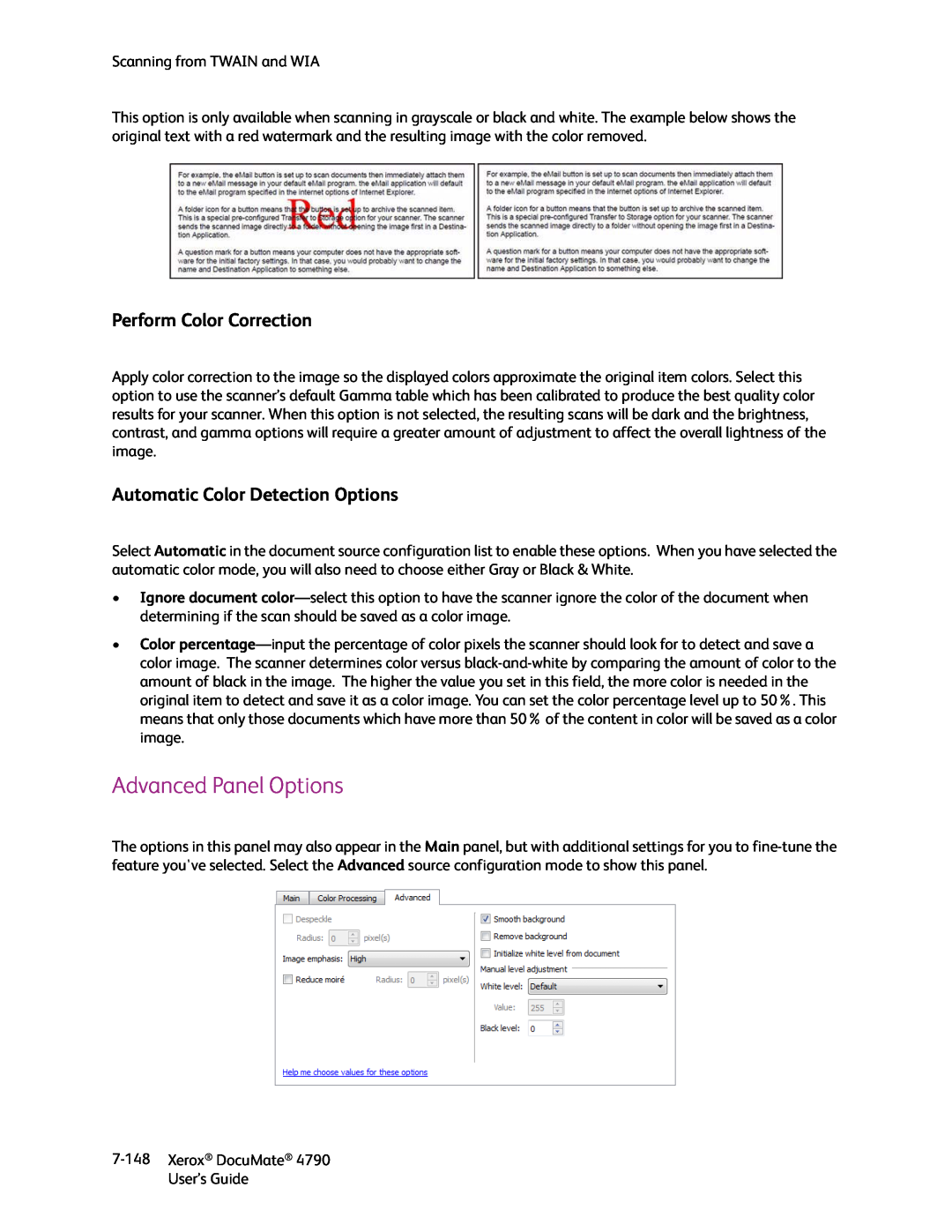 Xerox xerox documate manual Perform Color Correction, Automatic Color Detection Options, Advanced Panel Options 