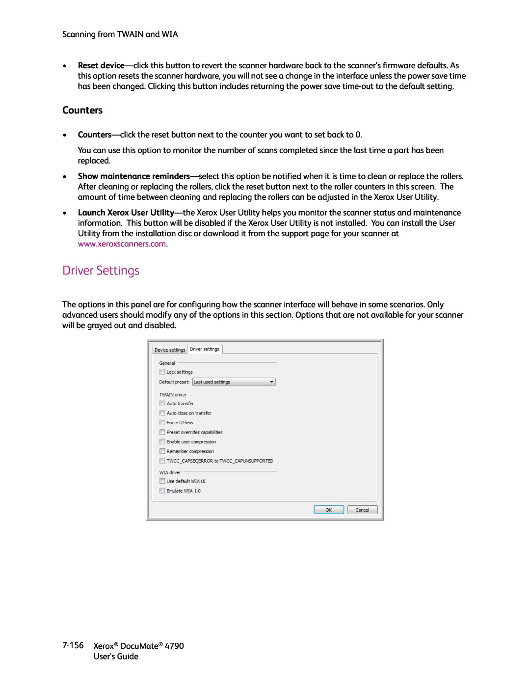 Xerox xerox documate manual Counters, Driver Settings 