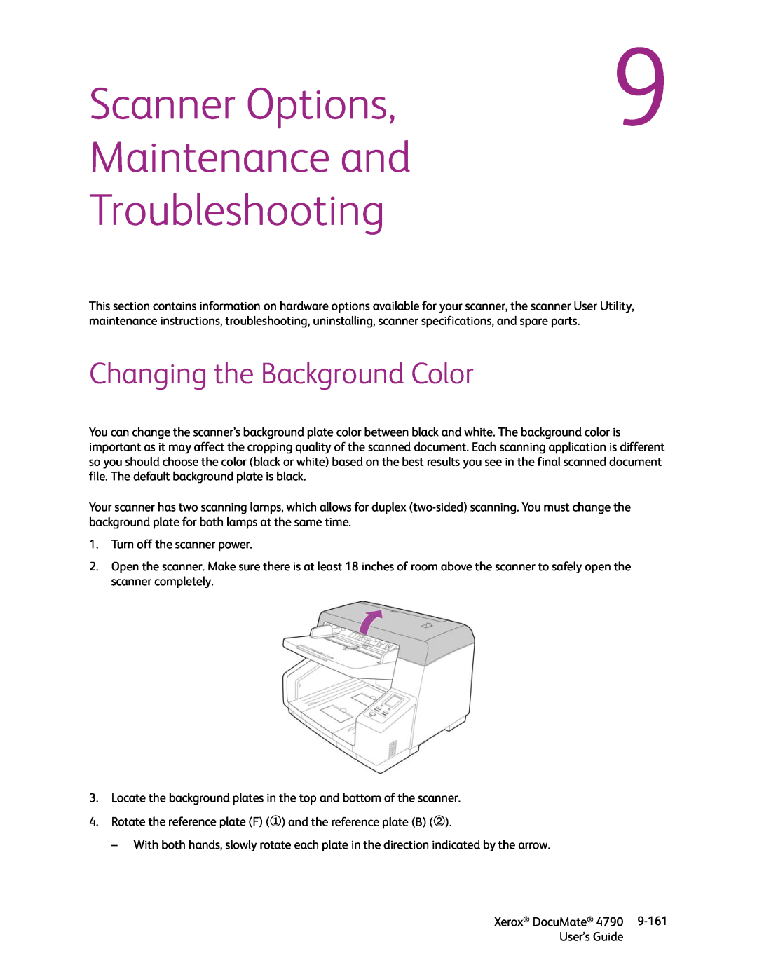 Xerox xerox documate manual Scanner Options, Maintenance and Troubleshooting, Changing the Background Color 