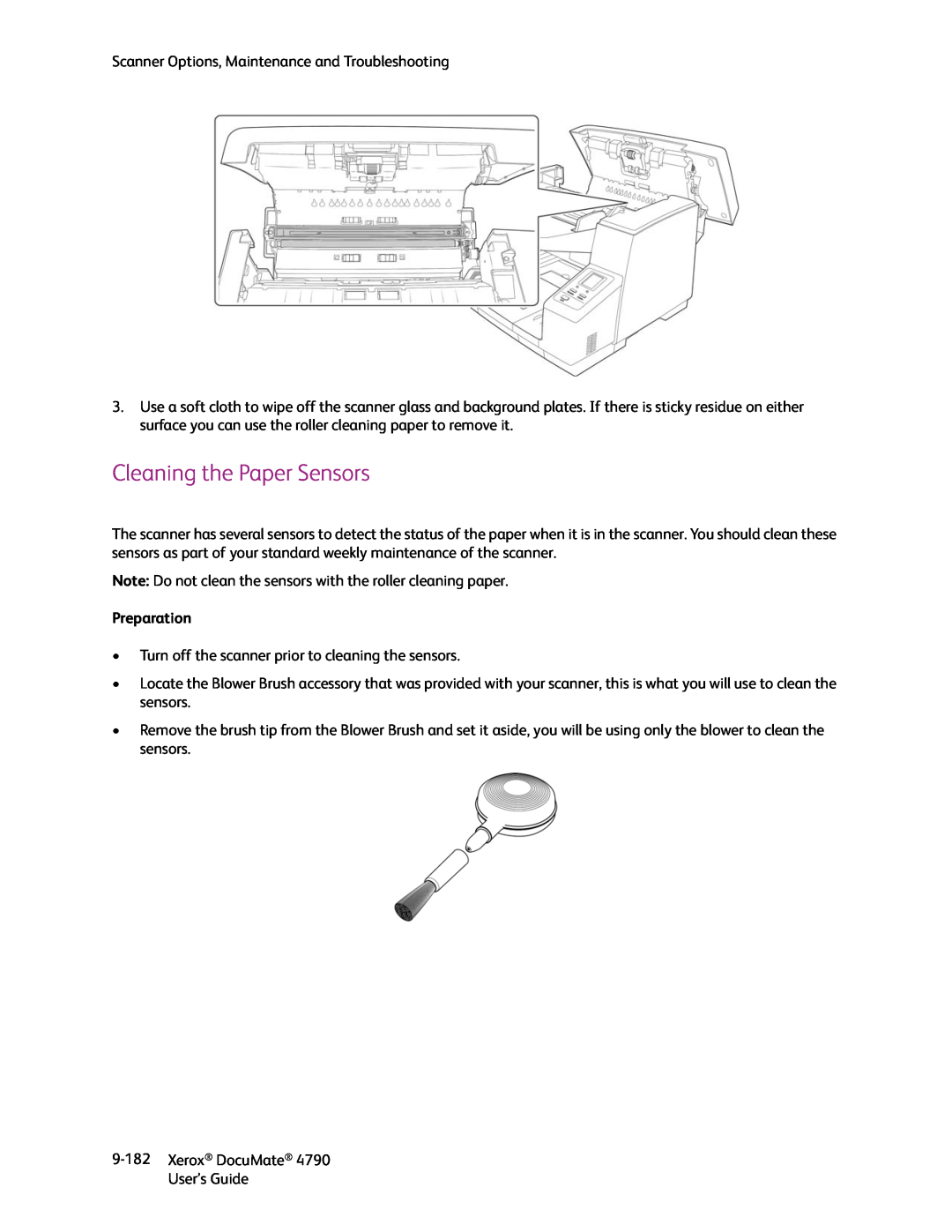 Xerox xerox documate manual Cleaning the Paper Sensors, Preparation 
