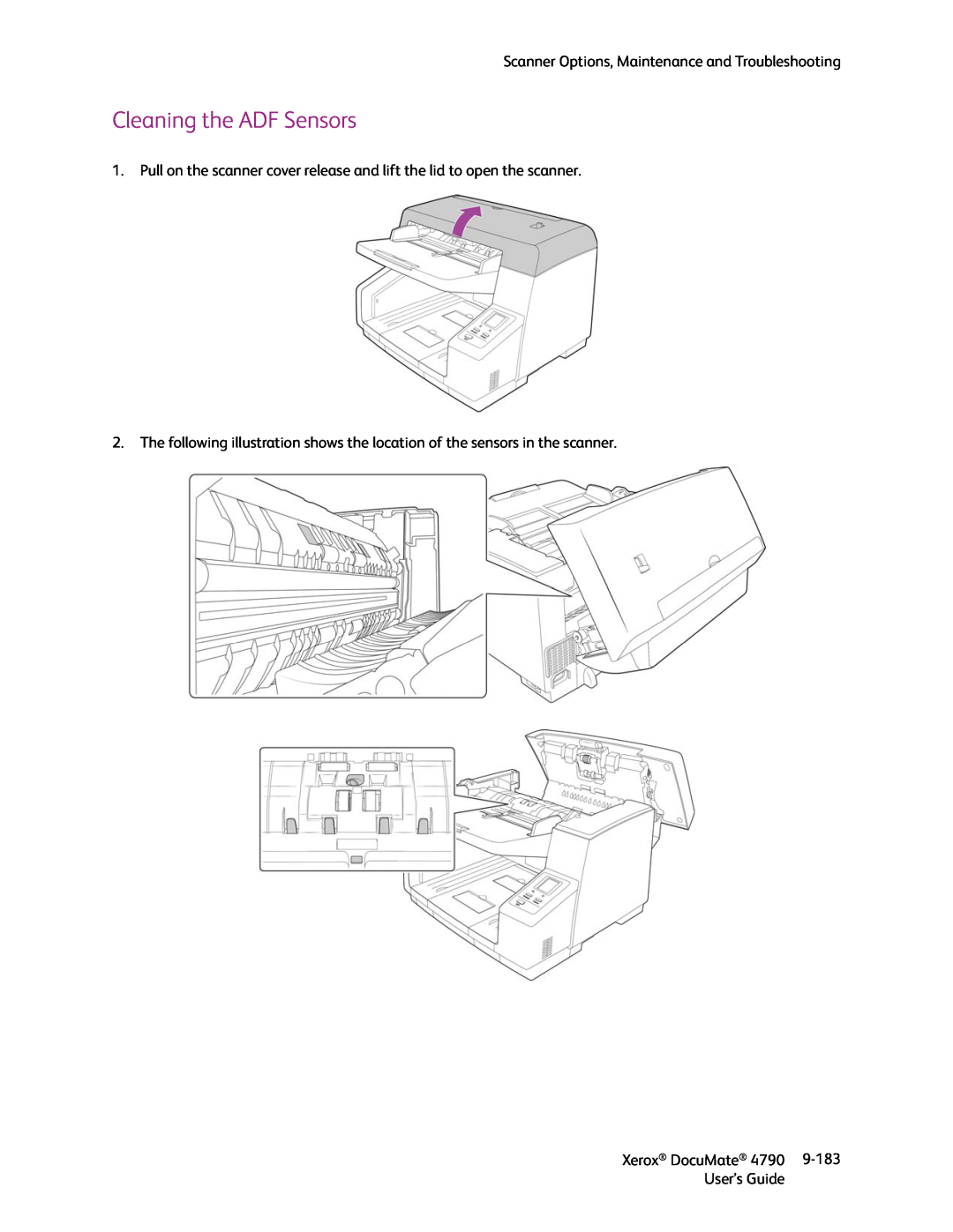 Xerox xerox documate Cleaning the ADF Sensors, Scanner Options, Maintenance and Troubleshooting, Xerox DocuMate, 9-183 