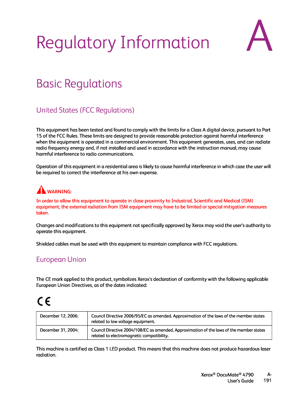 Xerox xerox documate manual Regulatory Information, Basic Regulations, United States FCC Regulations, European Union 