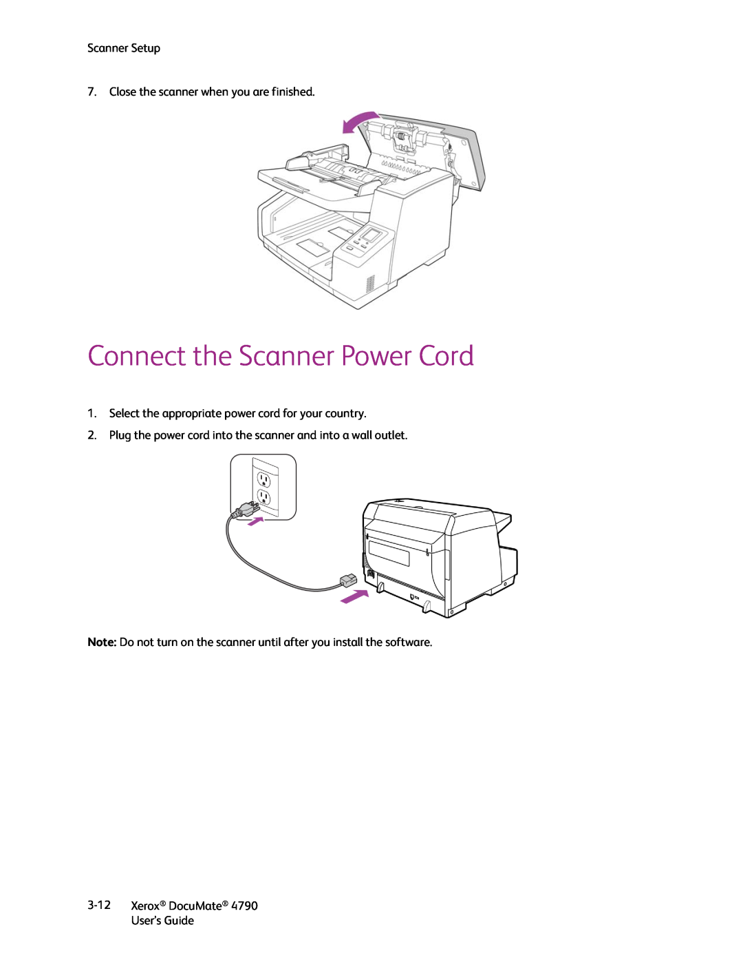 Xerox xerox documate manual Connect the Scanner Power Cord, Scanner Setup 7. Close the scanner when you are finished, 3-12 