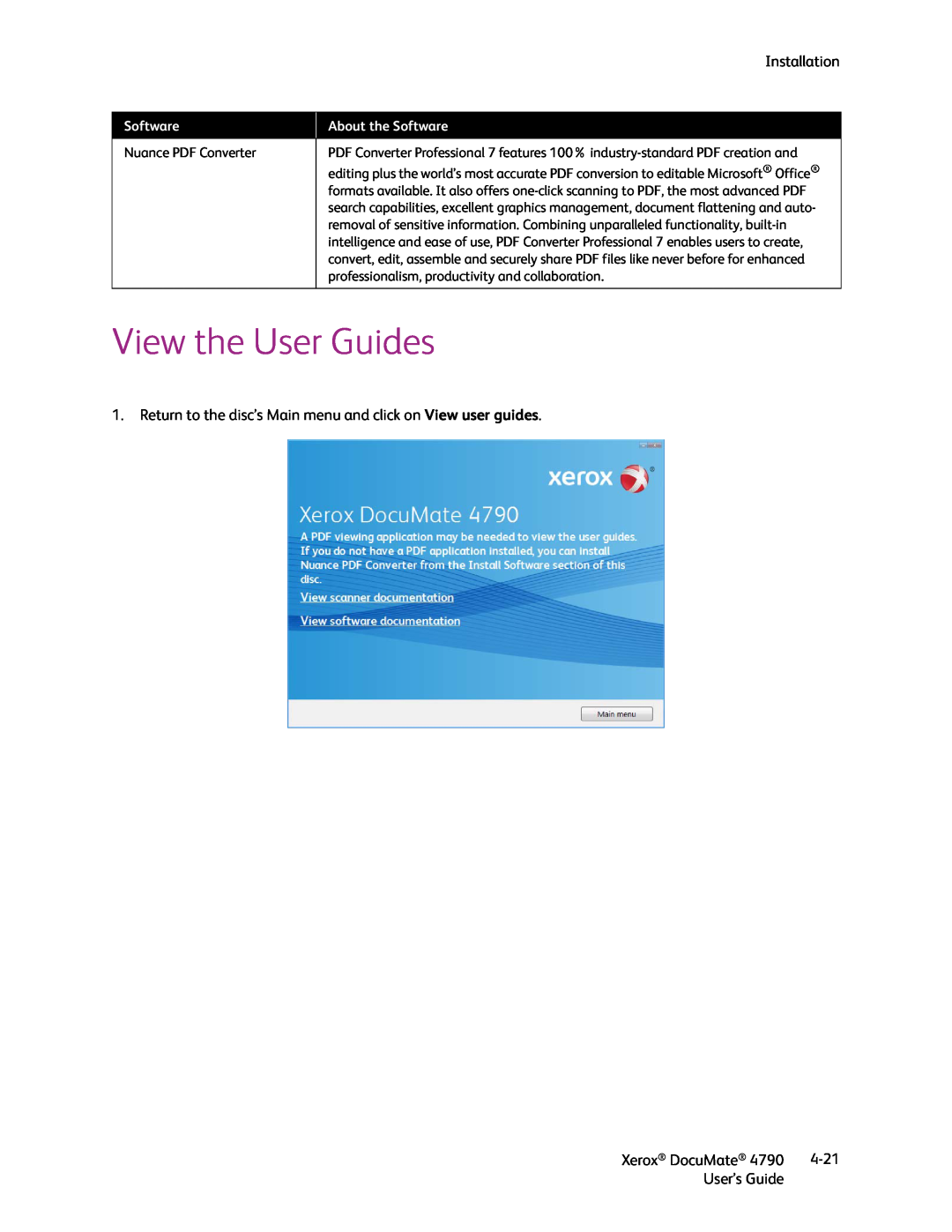 Xerox xerox documate manual View the User Guides, About the Software, Nuance PDF Converter 