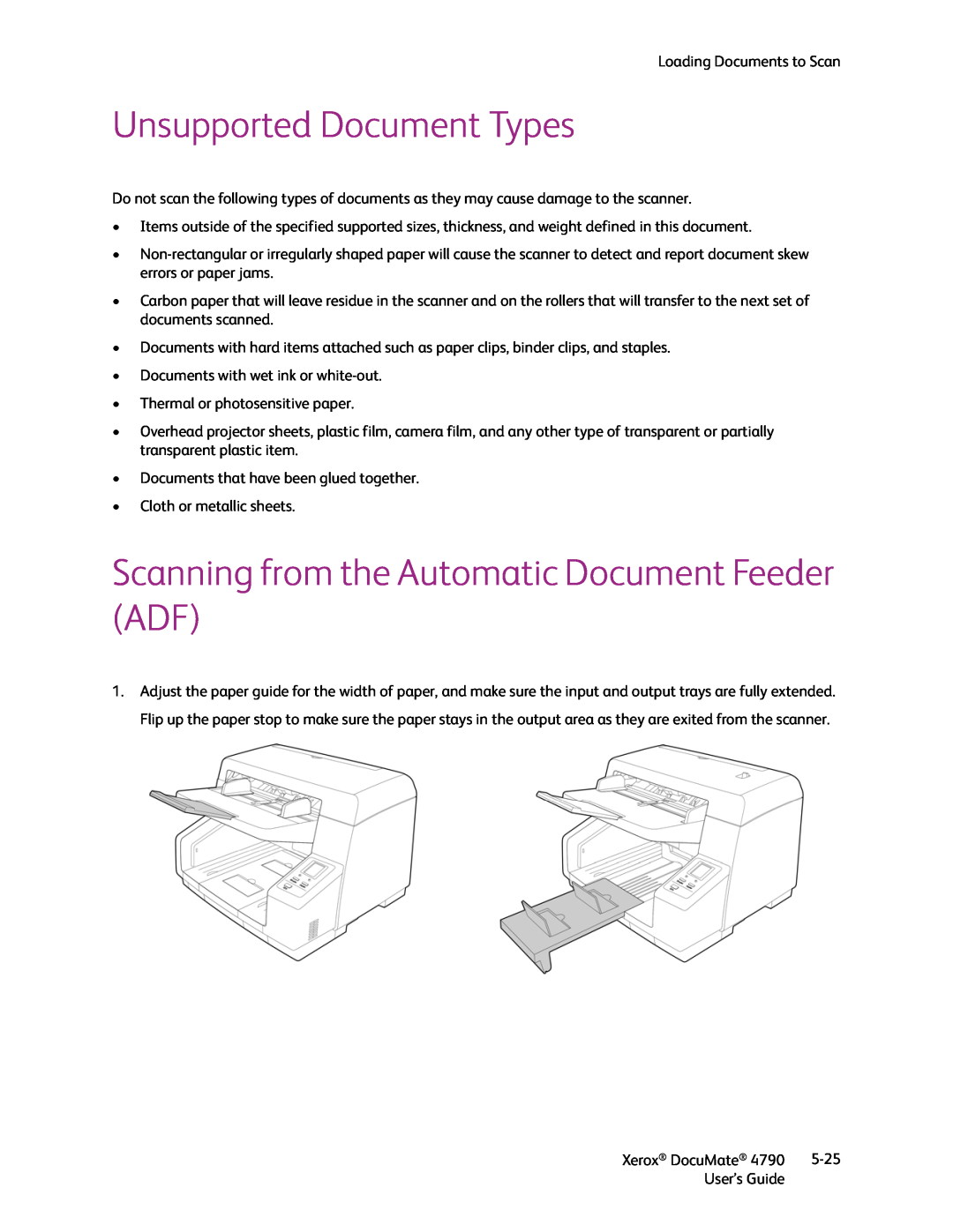 Xerox xerox documate manual Unsupported Document Types, Scanning from the Automatic Document Feeder ADF 