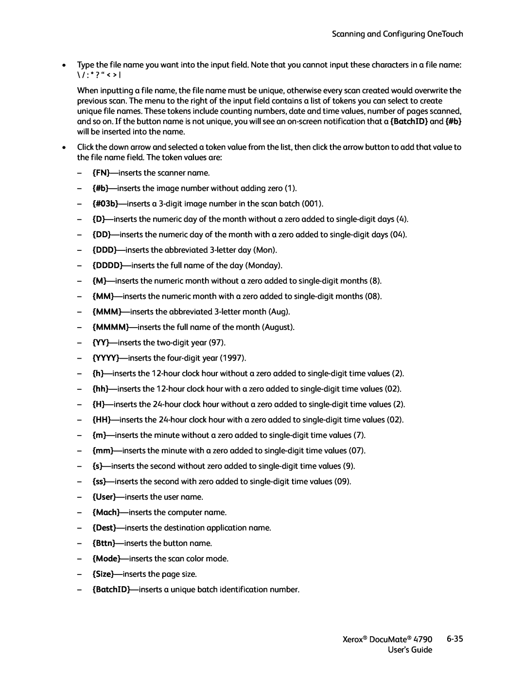 Xerox xerox documate Scanning and Configuring OneTouch, FN-inserts the scanner name, Size-inserts the page size, 6-35 