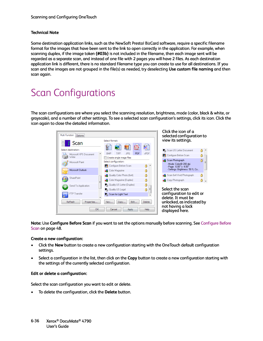 Xerox xerox documate manual Scan Configurations, Technical Note, Create a new configuration, Edit or delete a configuration 