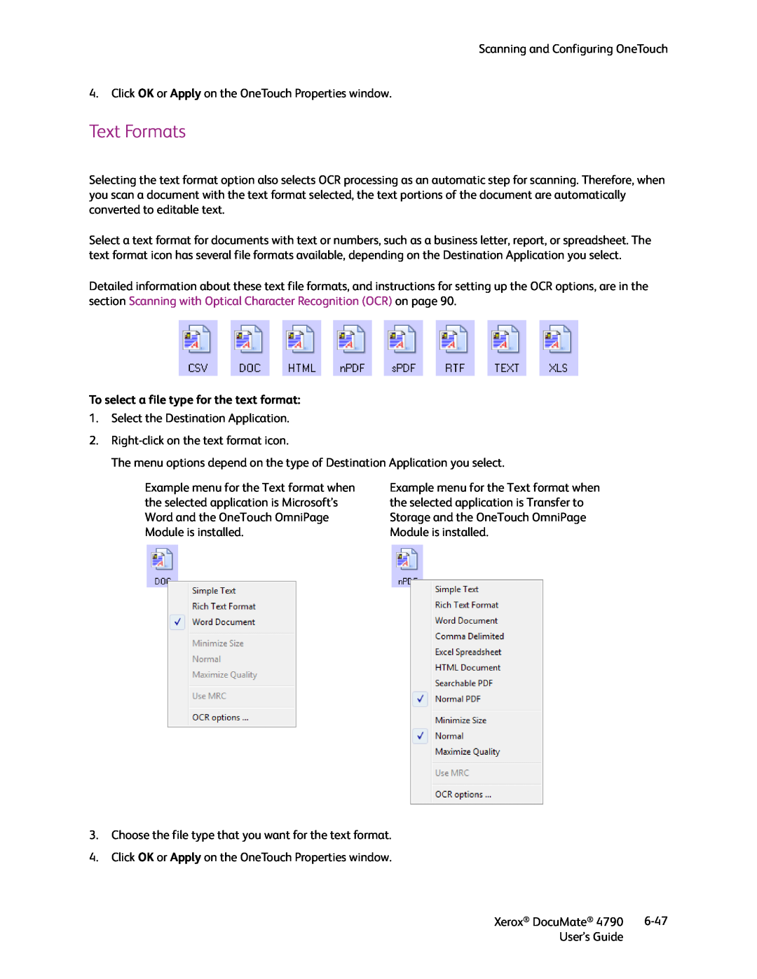 Xerox xerox documate manual Text Formats, To select a file type for the text format 