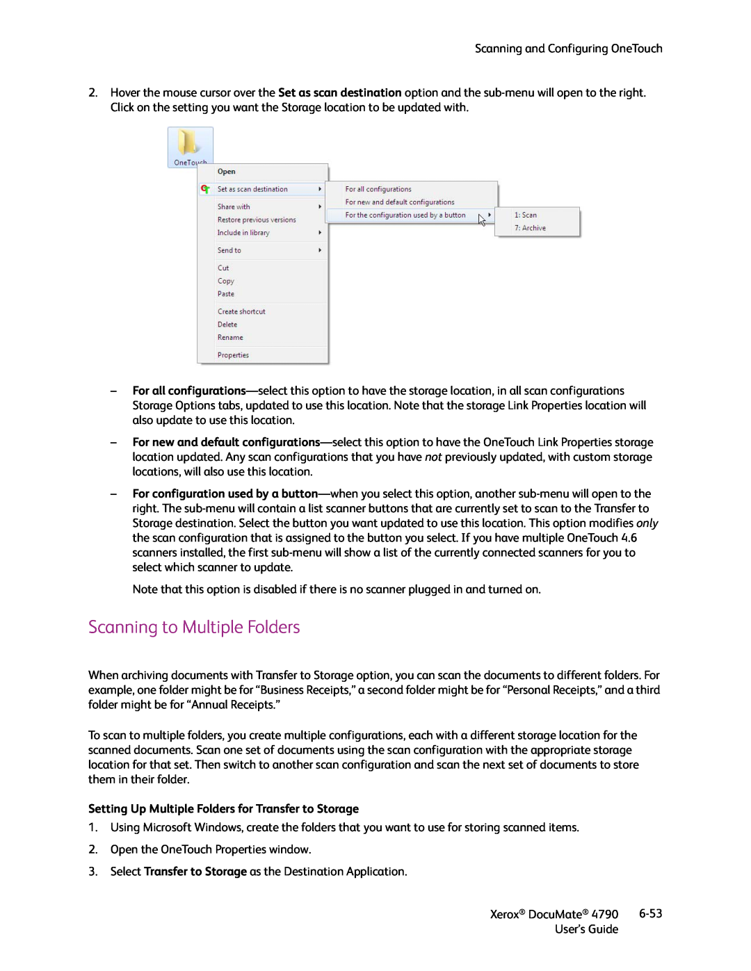 Xerox xerox documate manual Scanning to Multiple Folders, Setting Up Multiple Folders for Transfer to Storage 