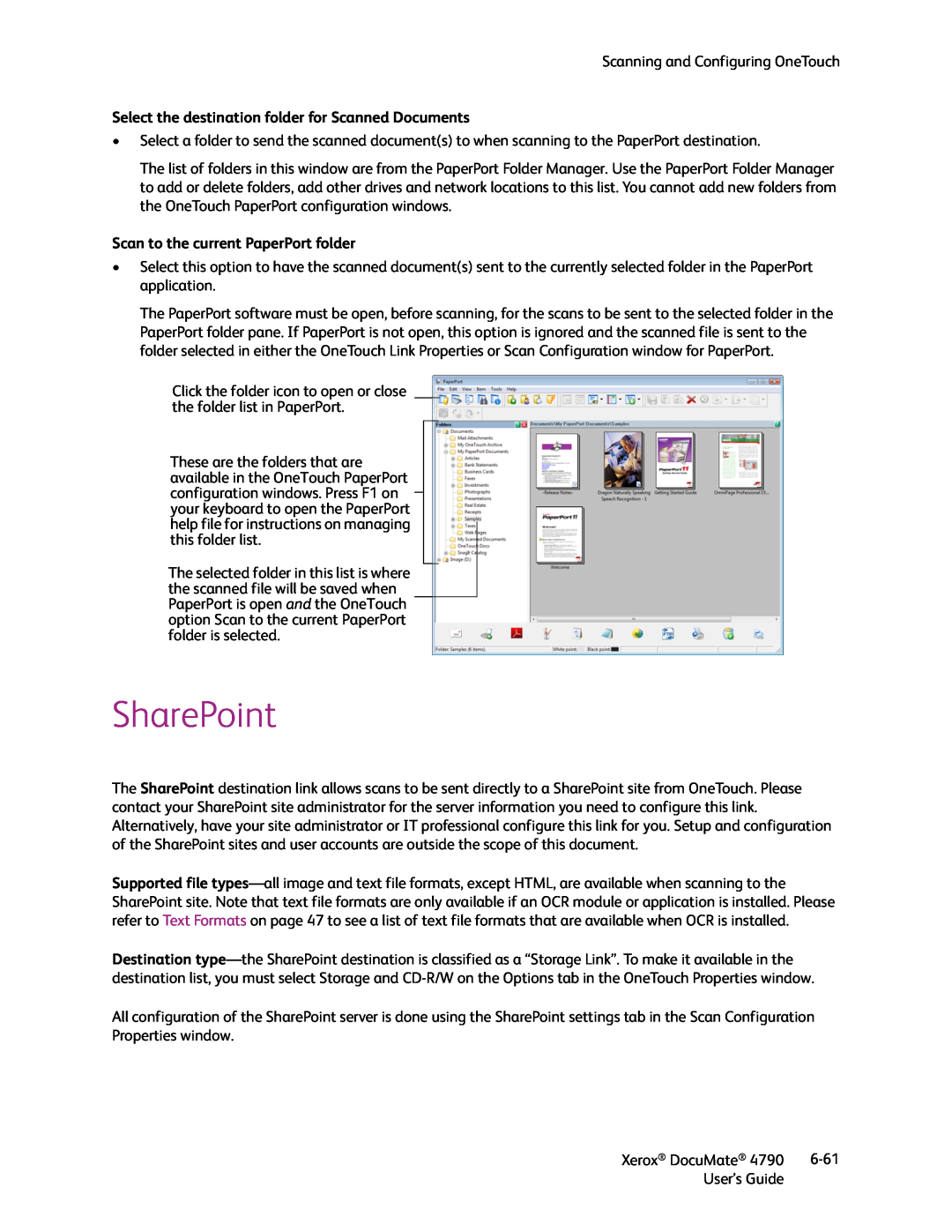 Xerox xerox documate SharePoint, Select the destination folder for Scanned Documents, Scan to the current PaperPort folder 