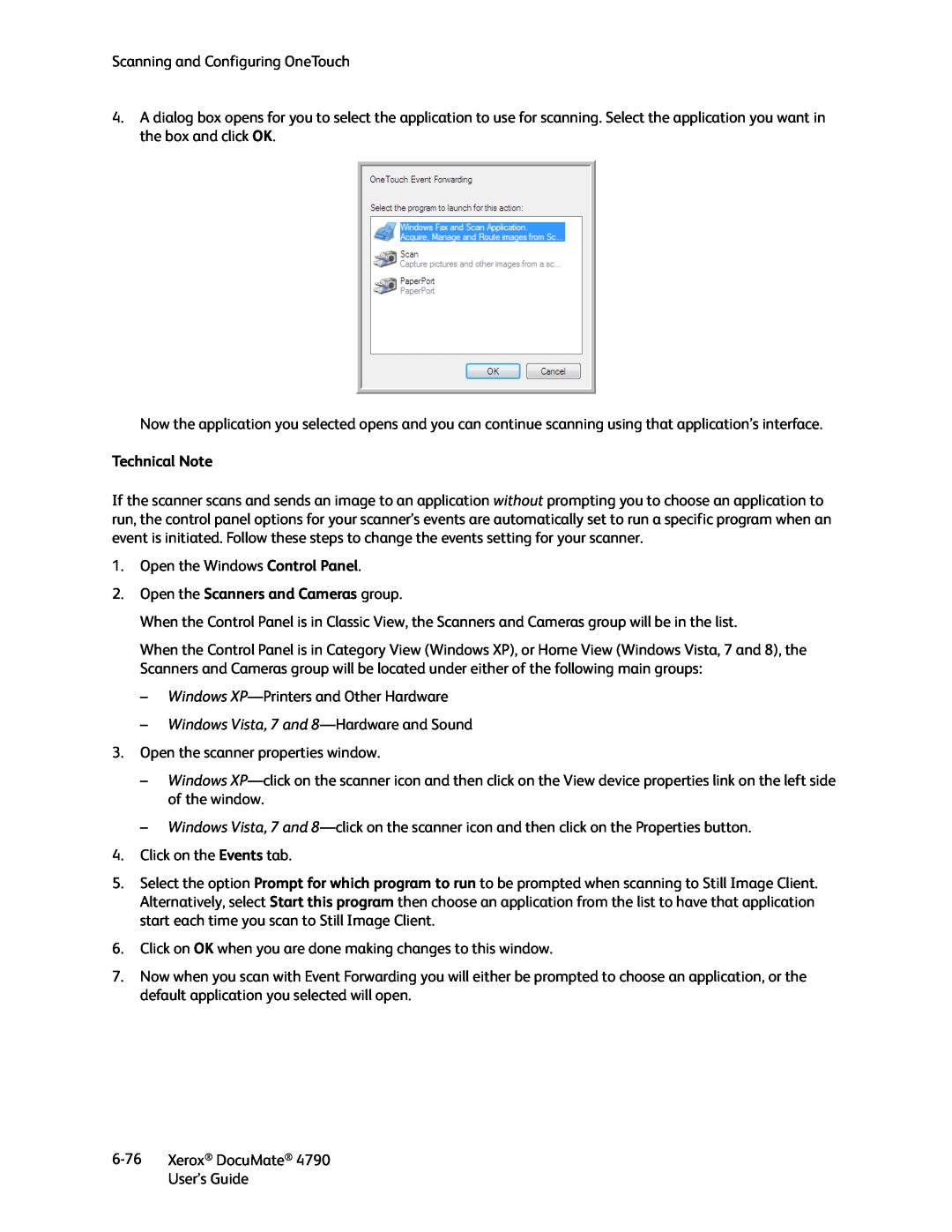 Xerox xerox documate manual Open the Scanners and Cameras group, Technical Note, Windows Vista, 7 and 8-Hardware and Sound 