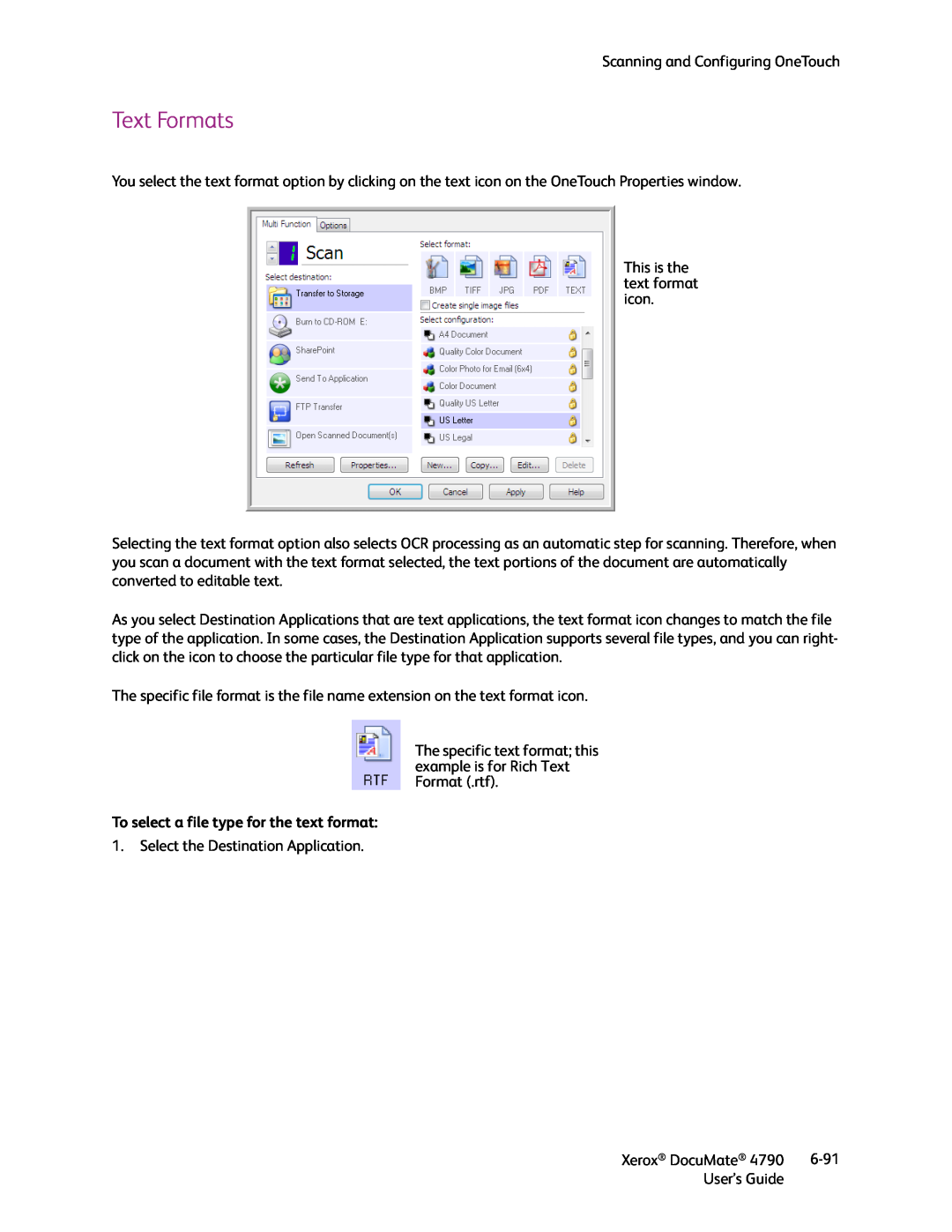 Xerox xerox documate manual Text Formats, To select a file type for the text format 