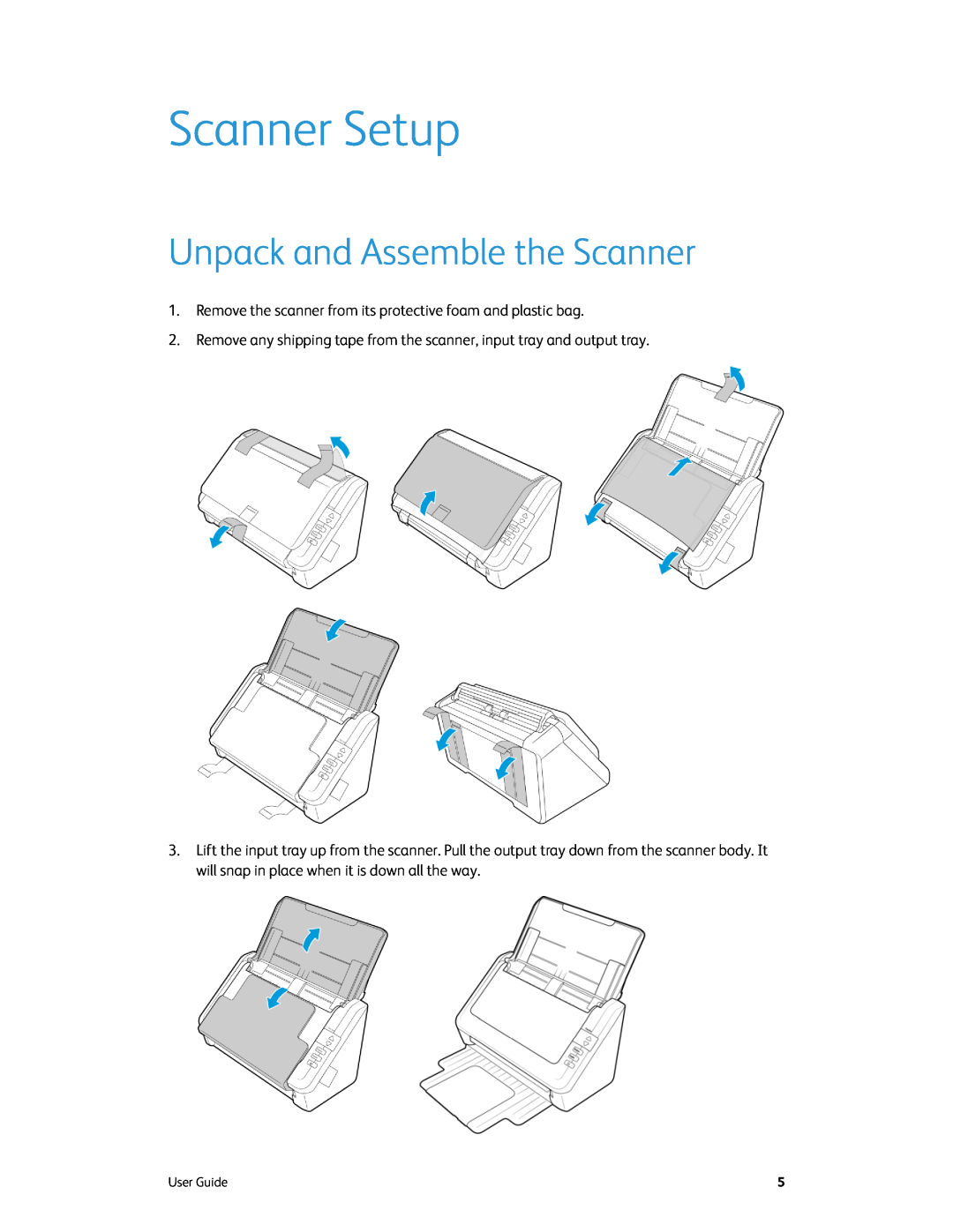 Xerox xerox manual Scanner Setup, Unpack and Assemble the Scanner 