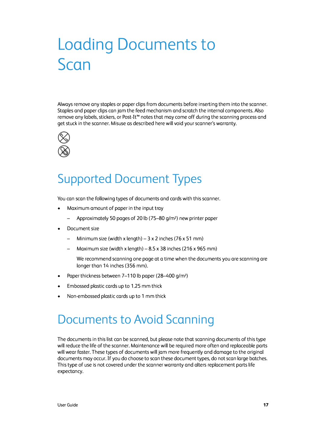 Xerox xerox manual Loading Documents to Scan, Supported Document Types, Documents to Avoid Scanning 