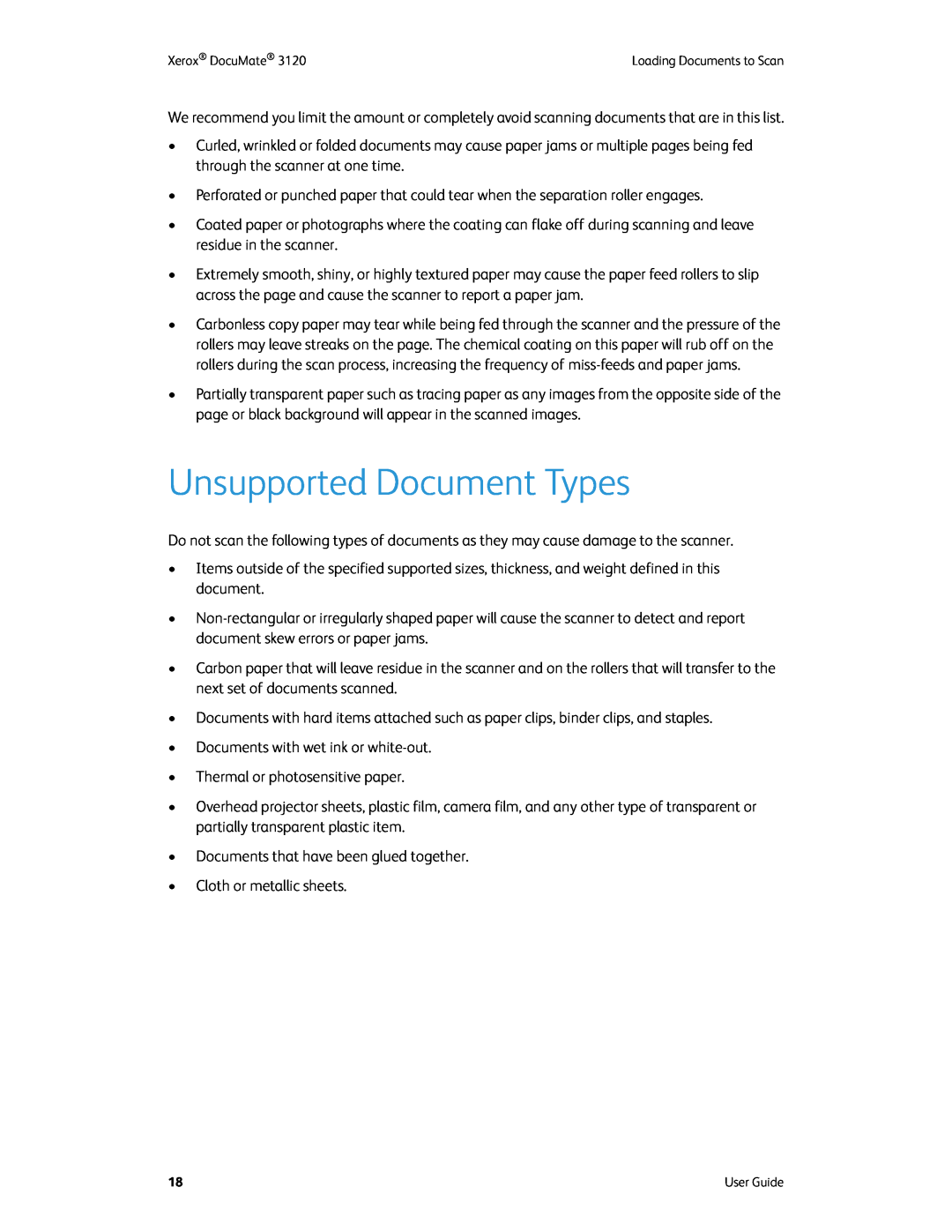 Xerox xerox manual Unsupported Document Types 