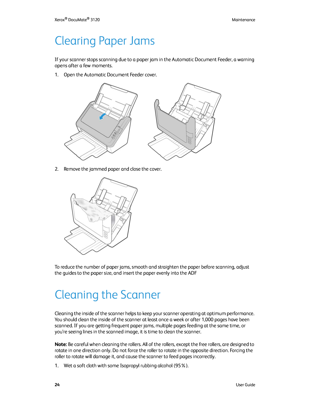 Xerox xerox manual Clearing Paper Jams, Cleaning the Scanner 