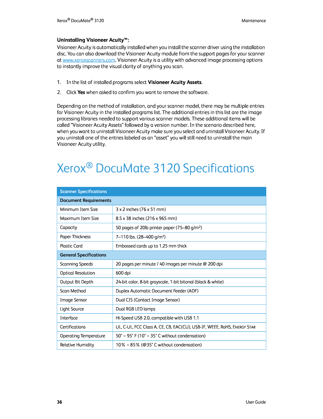 Xerox xerox manual Xerox DocuMate 3120 Specifications, Uninstalling Visioneer Acuity 