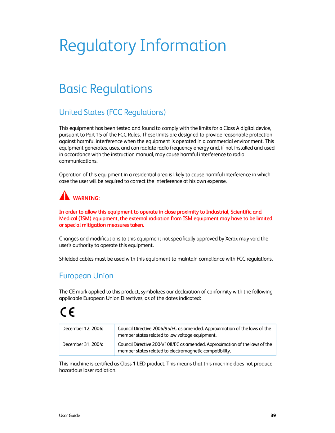 Xerox xerox manual Regulatory Information, Basic Regulations, United States FCC Regulations, European Union 