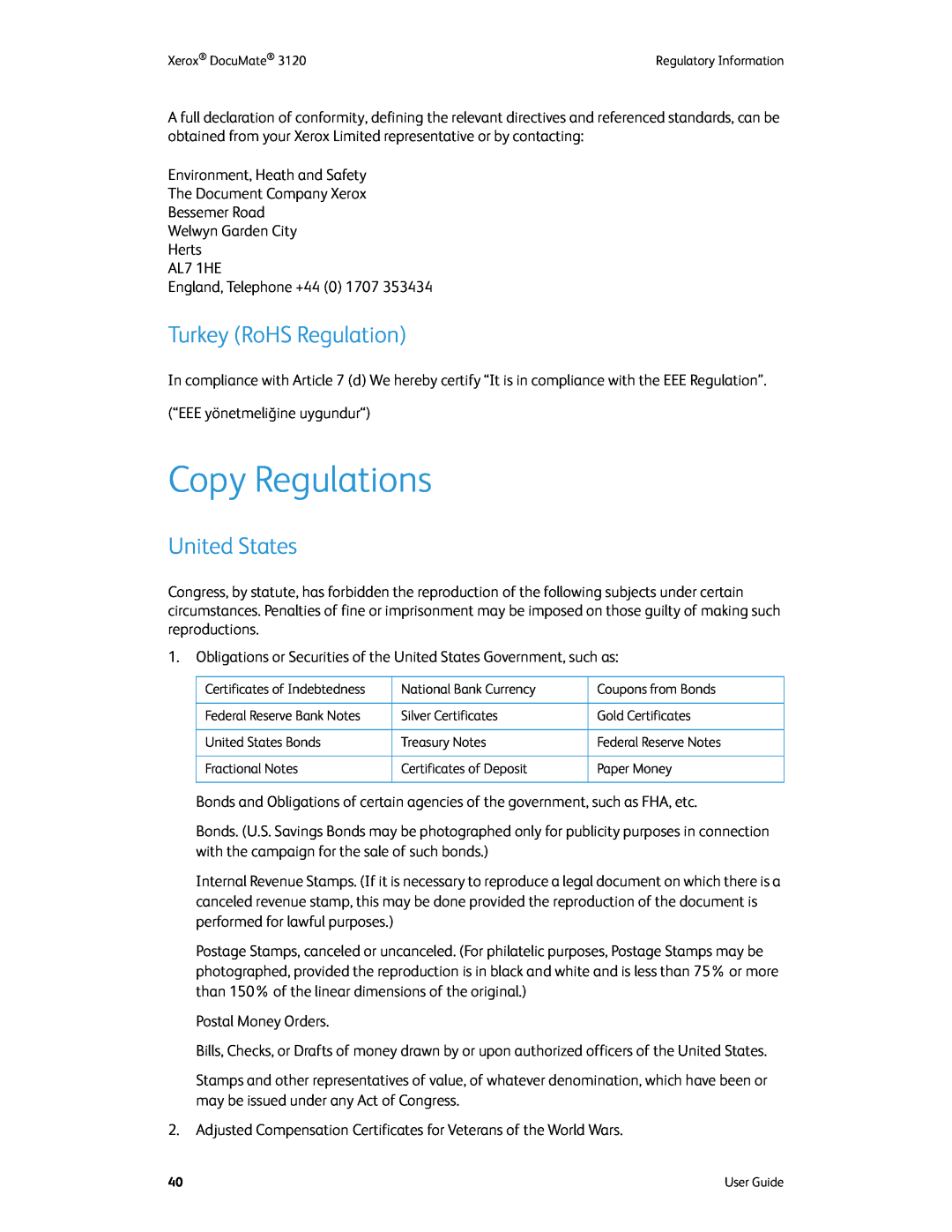 Xerox xerox manual Copy Regulations, Turkey RoHS Regulation, United States 