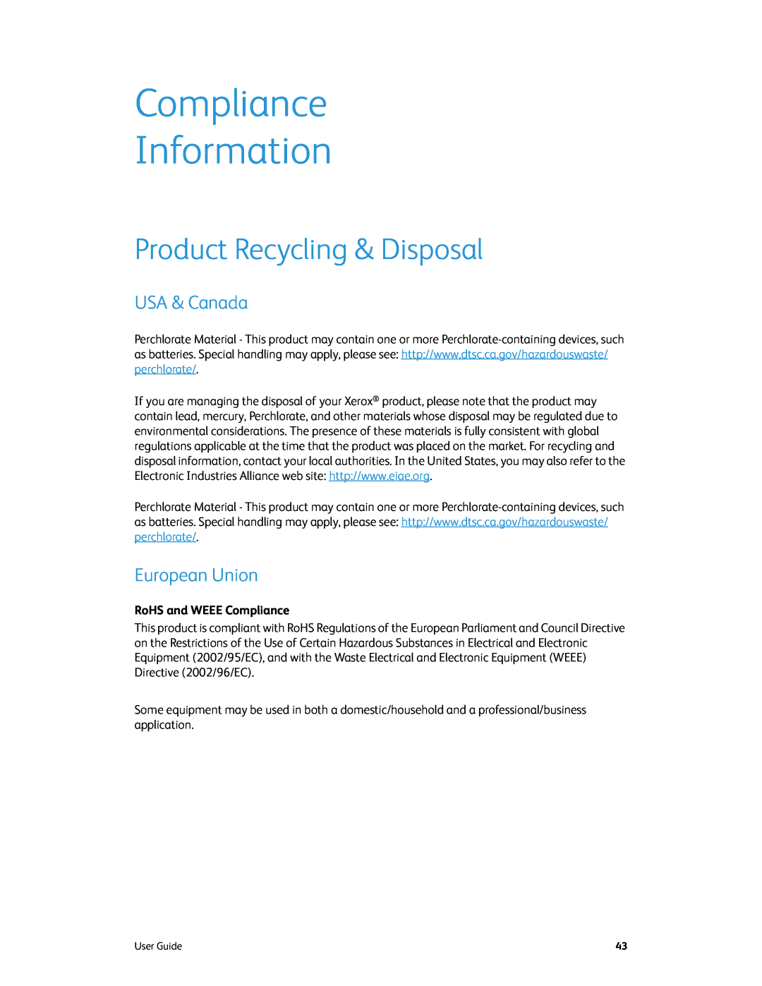 Xerox xerox manual Compliance Information, Product Recycling & Disposal, USA & Canada, European Union 
