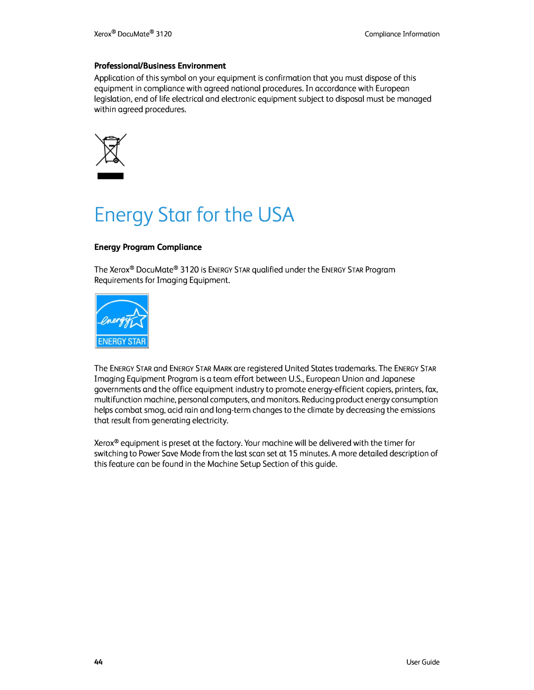 Xerox xerox manual Energy Star for the USA, Professional/Business Environment, Energy Program Compliance 