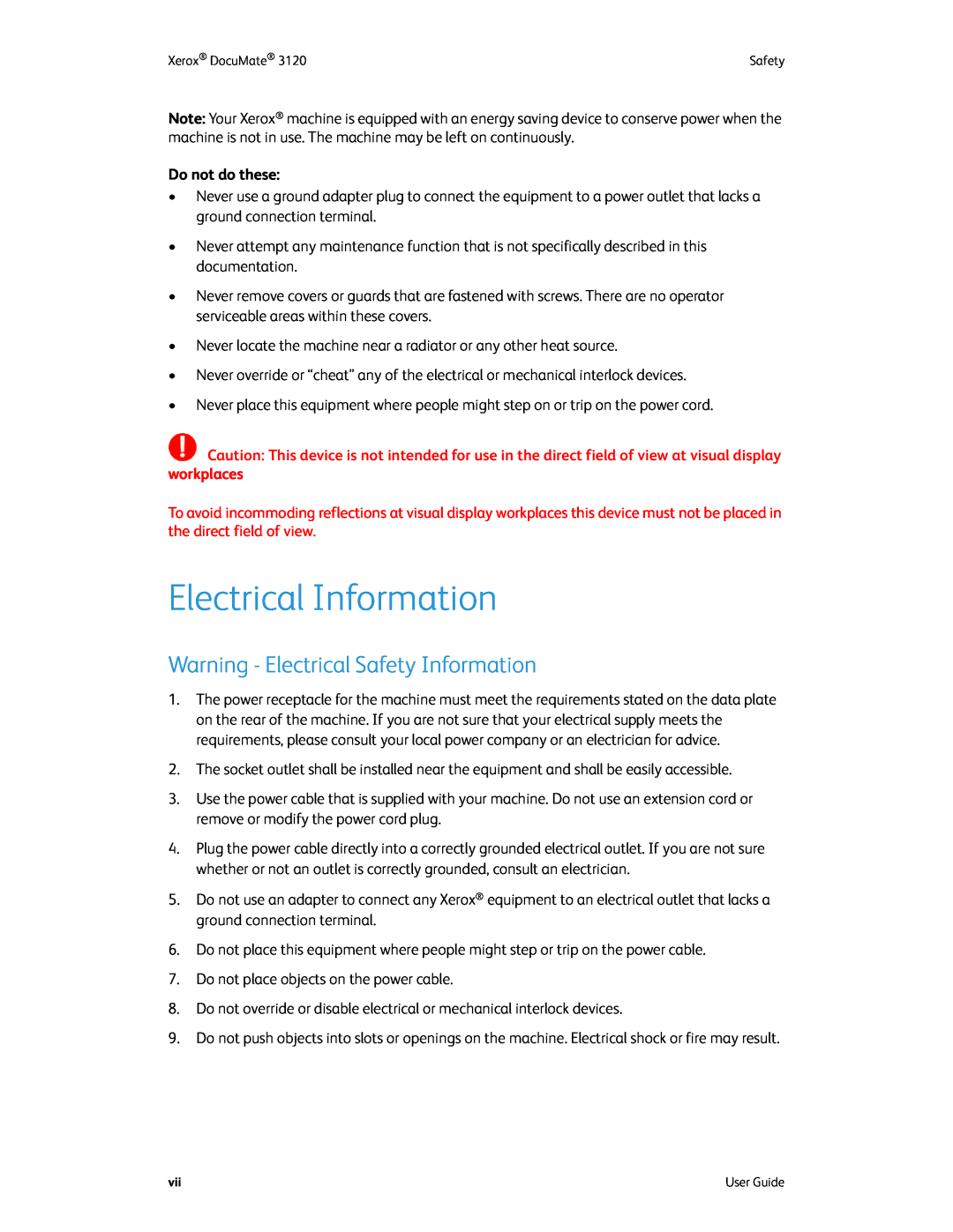 Xerox xerox manual Electrical Information, Warning - Electrical Safety Information 
