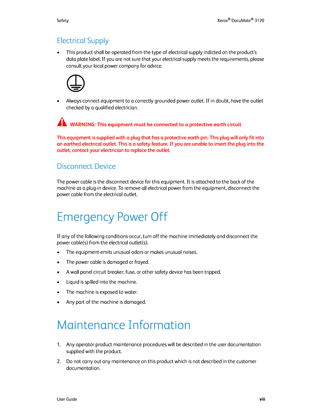 Xerox xerox manual Emergency Power Off, Maintenance Information, Electrical Supply, Disconnect Device 