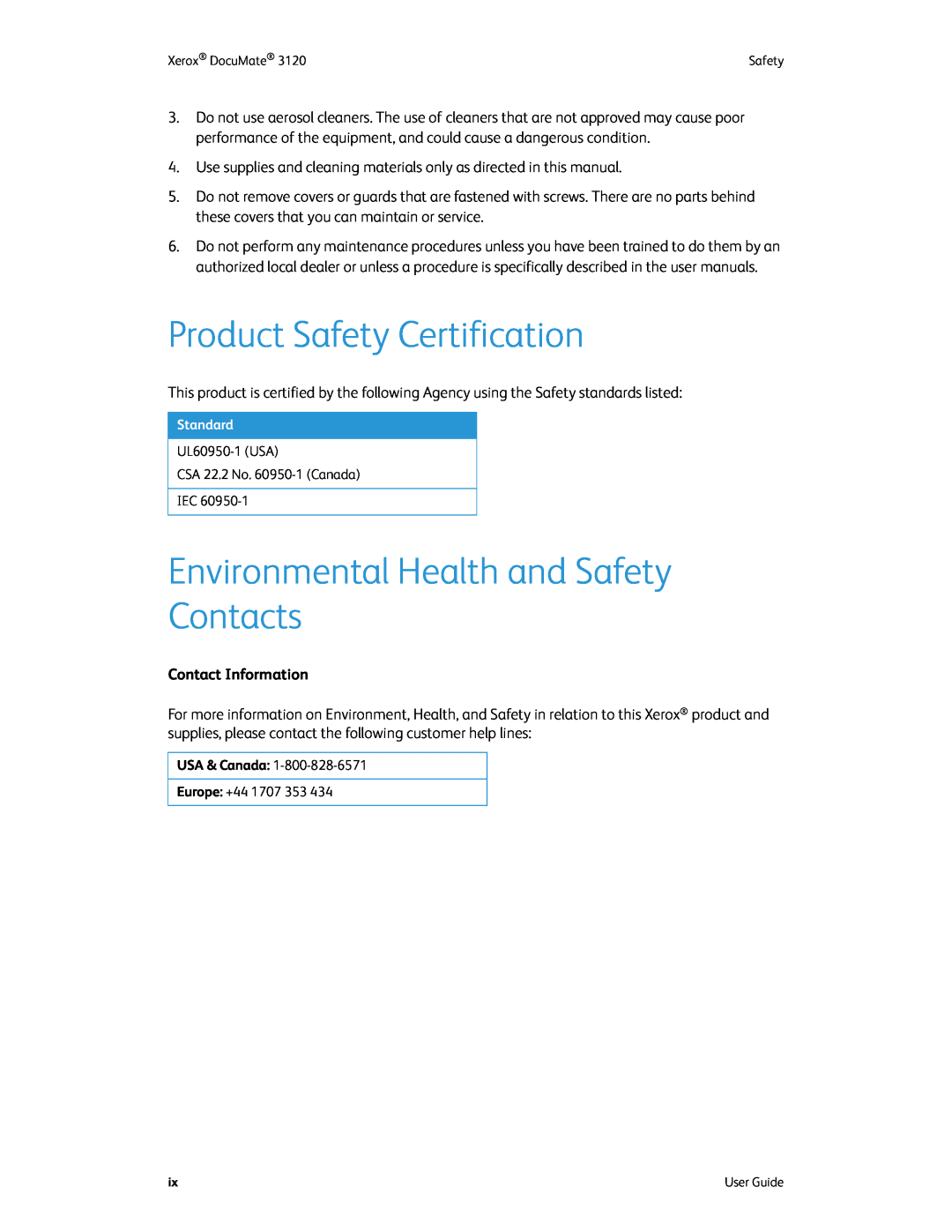 Xerox xerox manual Product Safety Certification, Environmental Health and Safety Contacts, Contact Information 