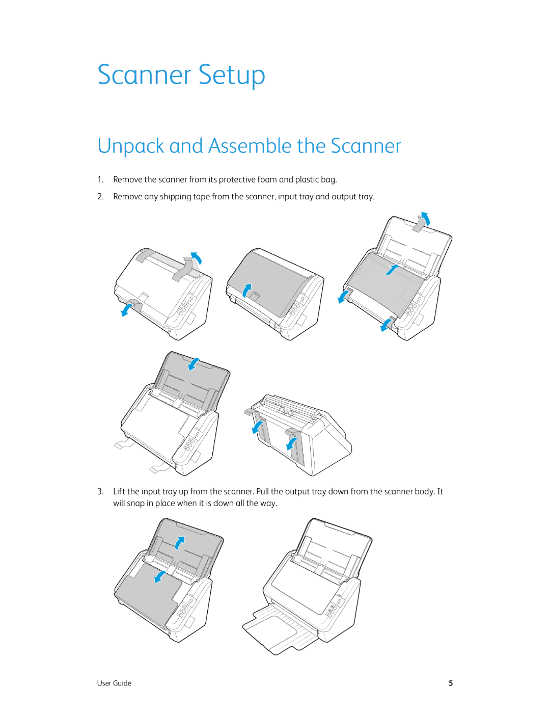 Xerox xerox manual Scanner Setup, Unpack and Assemble the Scanner 