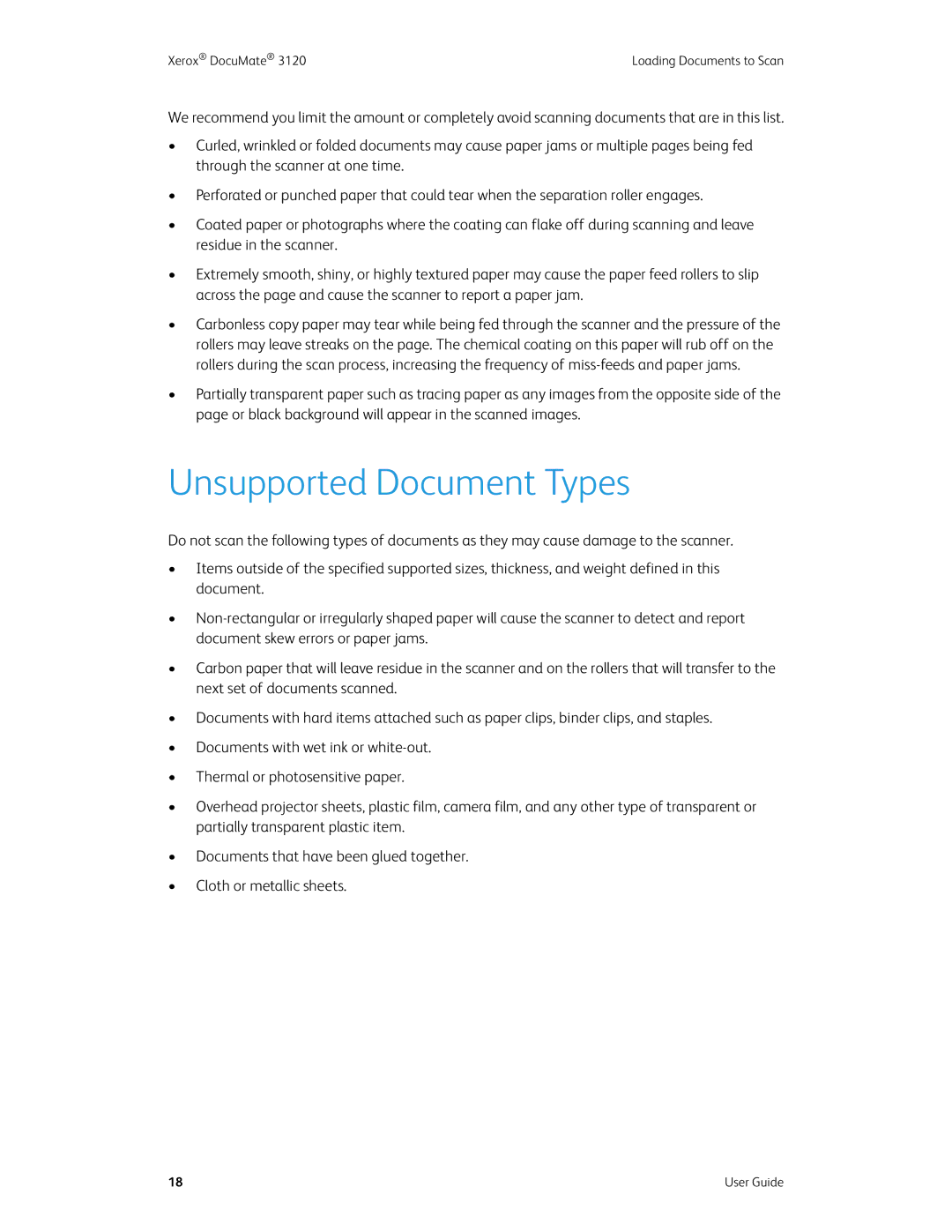 Xerox xerox manual Unsupported Document Types 