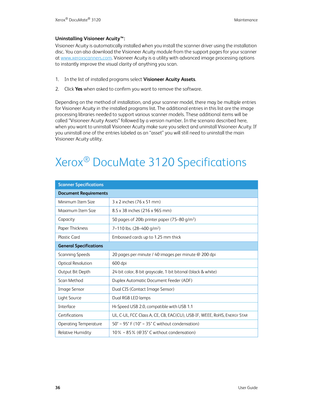 Xerox xerox manual Xerox DocuMate 3120 Specifications, Uninstalling Visioneer Acuity 