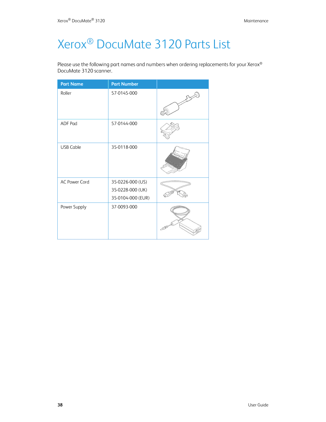 Xerox xerox manual Xerox DocuMate 3120 Parts List, Part Name Part Number 