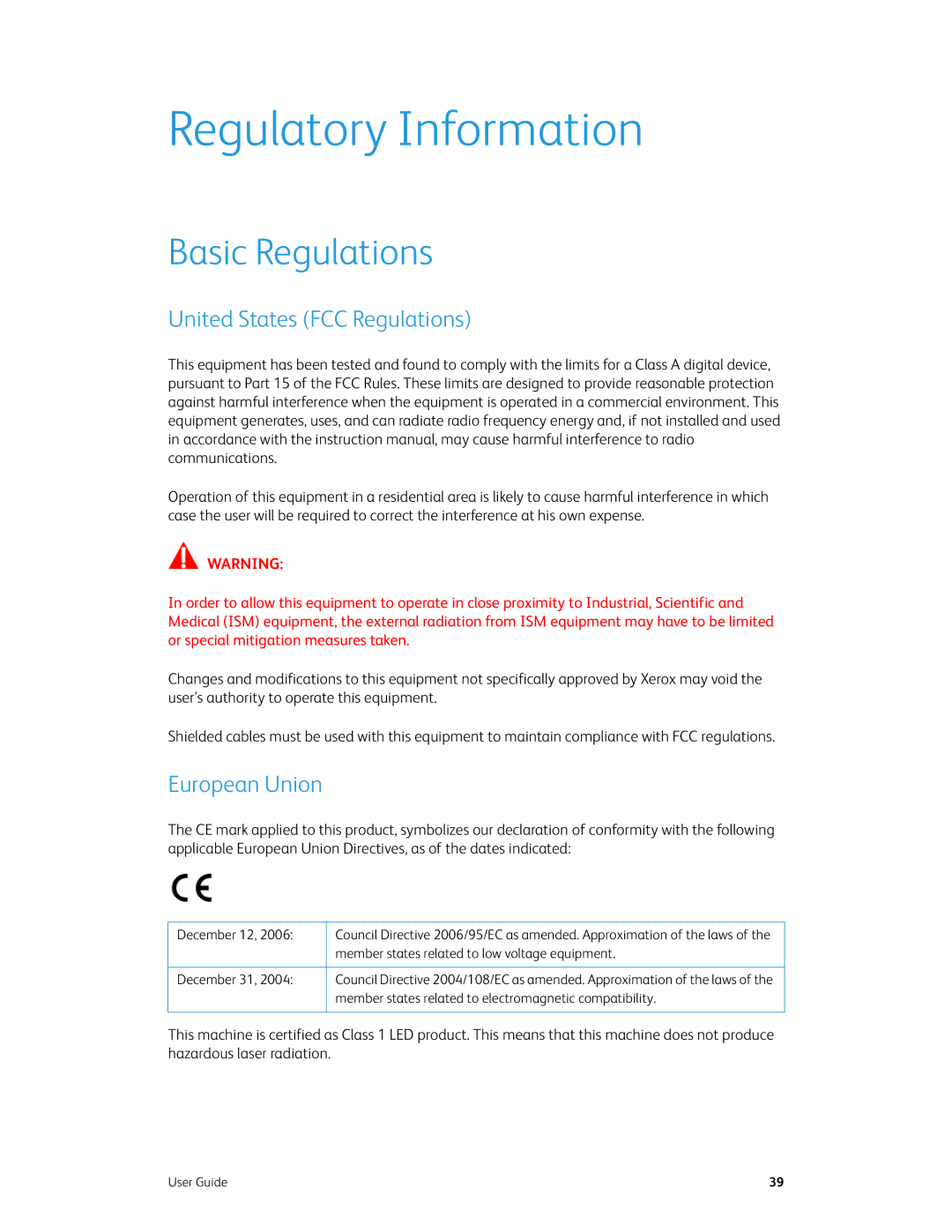 Xerox xerox manual Regulatory Information, Basic Regulations, United States FCC Regulations, European Union 